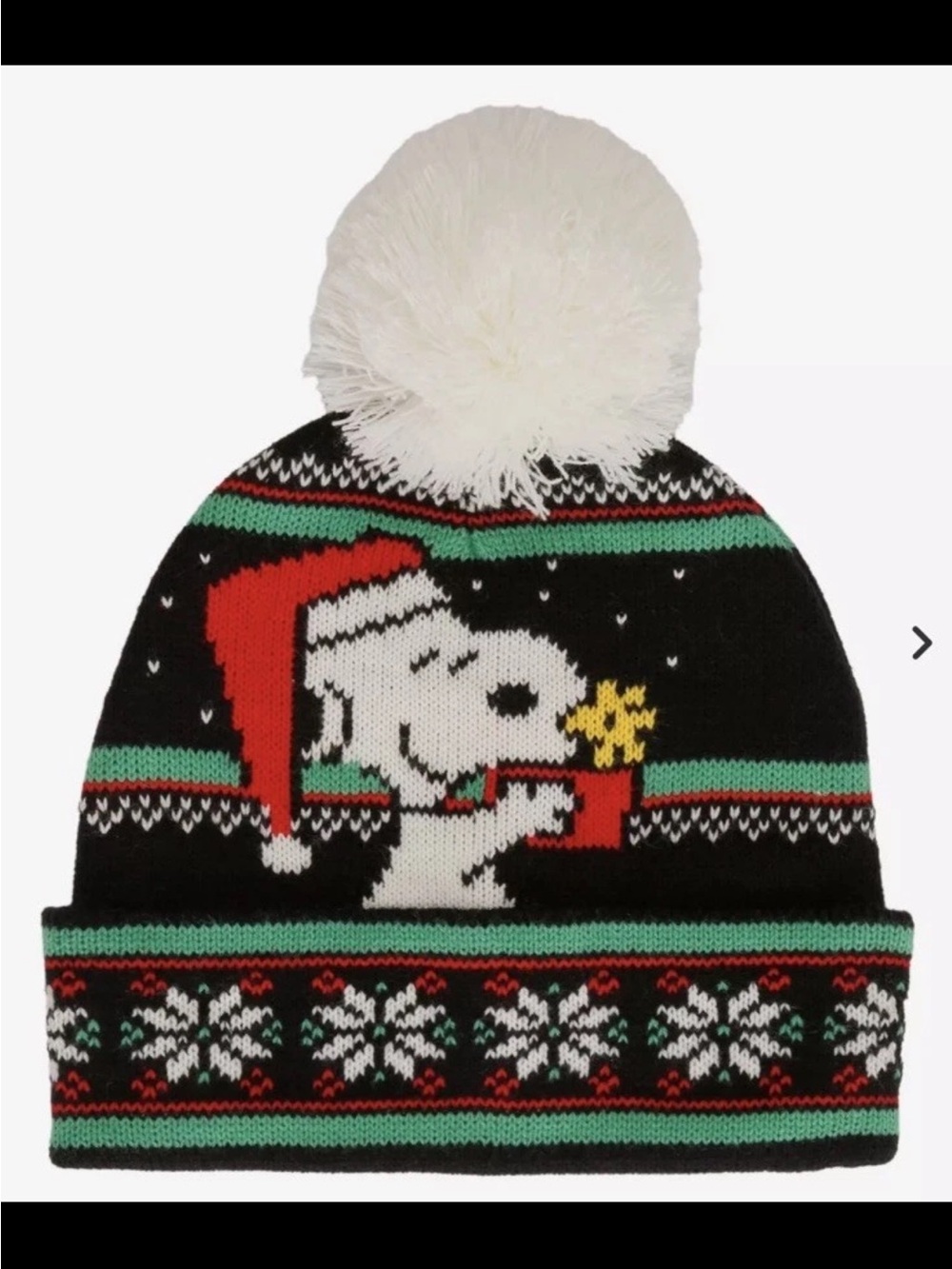 Adult Black Snoopy Holiday Pom Beanie Hat